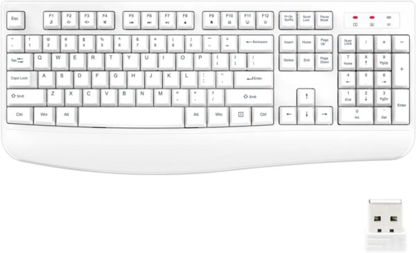 Wireless Keyboard, 2.4G Ergonomic Full Size Wireless Computer Keyboard with Wrist Rest for Windows, Mac OS Desktop/Laptop/PC（White）