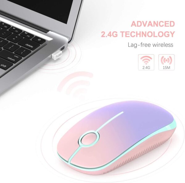 Wireless Mouse, 2.4G Slim Portable Computer Mouse with Nano Receiver Quiet Silent Optical Laptop Mouse for Notebook, PC, Laptop, Computer-Pink to Purple