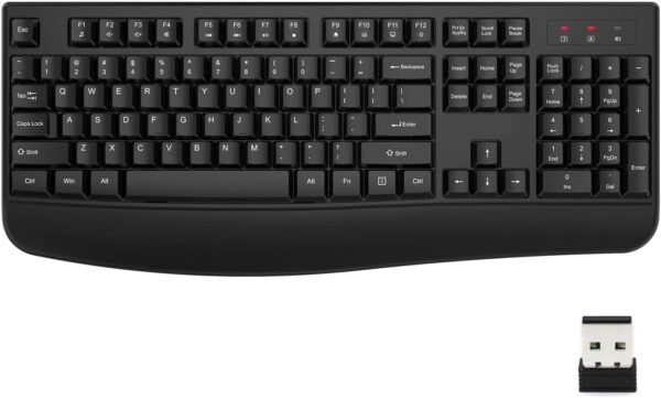 Wireless Keyboard, 2.4G Ergonomic Full Size Wireless Computer Keyboard with Wrist Rest for Windows, Mac OS Desktop/Laptop/PC（Black）