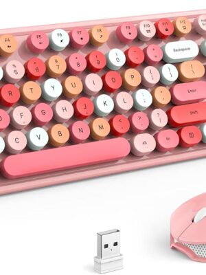 Wireless Keyboard and Mouse Combo, Pink Colorful 2.4G Typewriter Full-Size Cute Keyboards - USB Receiver Plug and Play, for Computer, PC, Laptop, Desktop, Windows