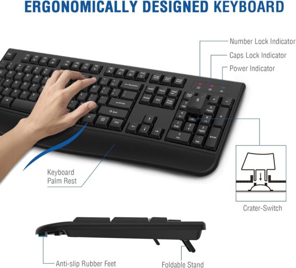 Wireless Keyboard, 2.4G Ergonomic Full Size Wireless Computer Keyboard with Wrist Rest for Windows, Mac OS Desktop/Laptop/PC（Black）