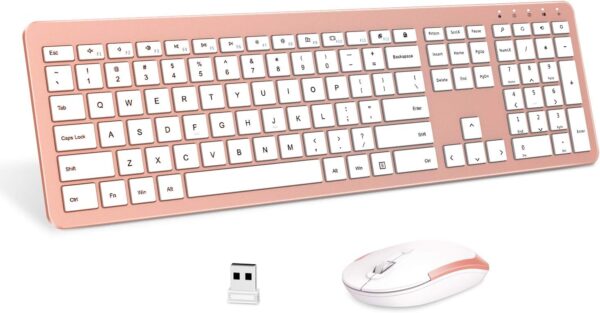 Wireless Keyboard and Mouse Combo - Full Size Slim Thin Wireless Keyboard Mouse with Numeric Keypad 2.4G Stable Connection Adjustable DPI - Rose Gold & White