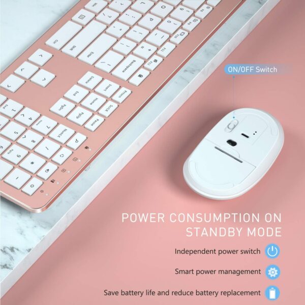 Wireless Keyboard and Mouse Combo - Full Size Slim Thin Wireless Keyboard Mouse with Numeric Keypad 2.4G Stable Connection Adjustable DPI - Rose Gold & White