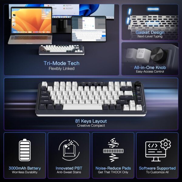 Wireless  Gaming Keyboard, 3-Modes 81 Keys Compact Mechanical Keyboard Hot-Swap Socket, Dedicated Knob Control and Sound Absorbing Pads, Linear Red Switch