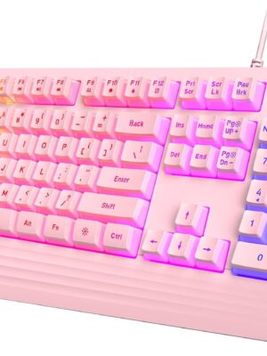Pink Creamy Keyboard, Rainbow LED Backlit, 104 Keys Silent Light Up Gaming Keyboard with Wrist Rest, PBT Keycap, Anti-ghosting, Waterproof USB Wired Computer Keyboard for PC Mac Xbox