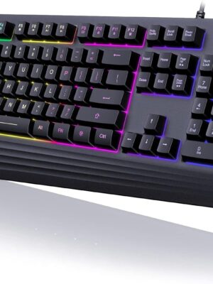 Gaming Keyboard, 7-Color Rainbow LED Backlit, 104 Keys Quiet Light Up Keyboard, Wrist Rest, Whisper Silent, Anti-ghosting Multimedia Keys, Waterproof USB Wired Keyboard for PC Mac Xbox