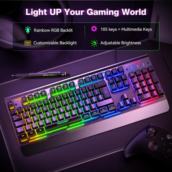 Gaming Keyboard, 105 Keys, All-Metal Panel, 15-Zone RGB Illumination, Silent Keyboard with Wrist Rest, 25 Anti-ghosting Keys, IP32 Water Resistance, USB Wired Keyboard for PC, Mac, Laptop